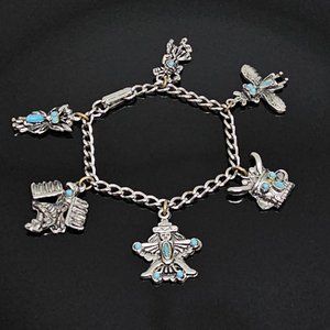 Vintage Southwestern Silver Tone Charm Chain Bracelet